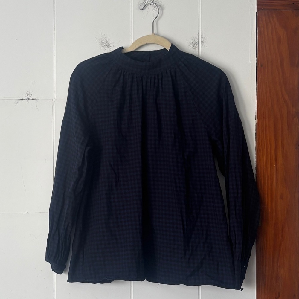 Ann‎ Taylor Navy Black Gingham Mock Neck Cotton Blouse Long Sleeve Button Cuff M